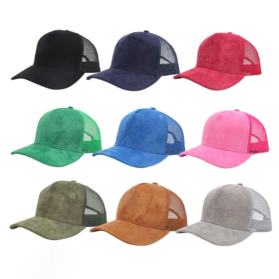 Gorra de béisbol de 1 pieza para hombre, gorra de camionero de gamuza de malla de 5 paneles, gorros para deportes al aire libre para primavera y verano para mujer, gorros de Color sólido