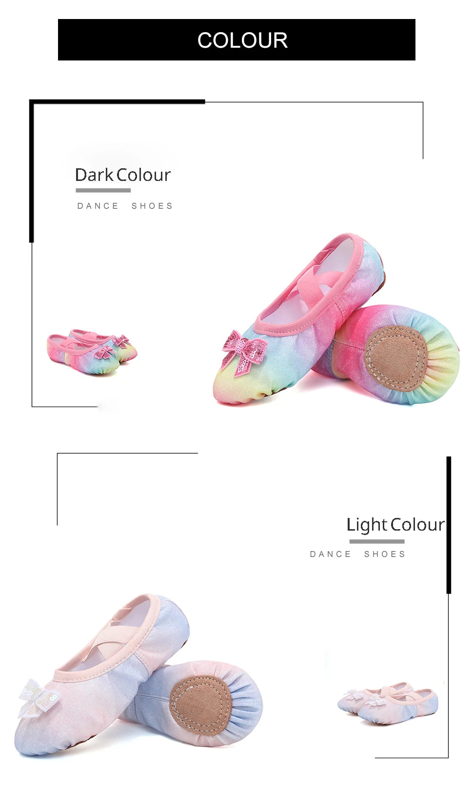 Zapatos de baile para niños, zapatos planos de Ballet para niñas, lazo de arcoíris, lentejuelas, cuero, suela blanda, actuación