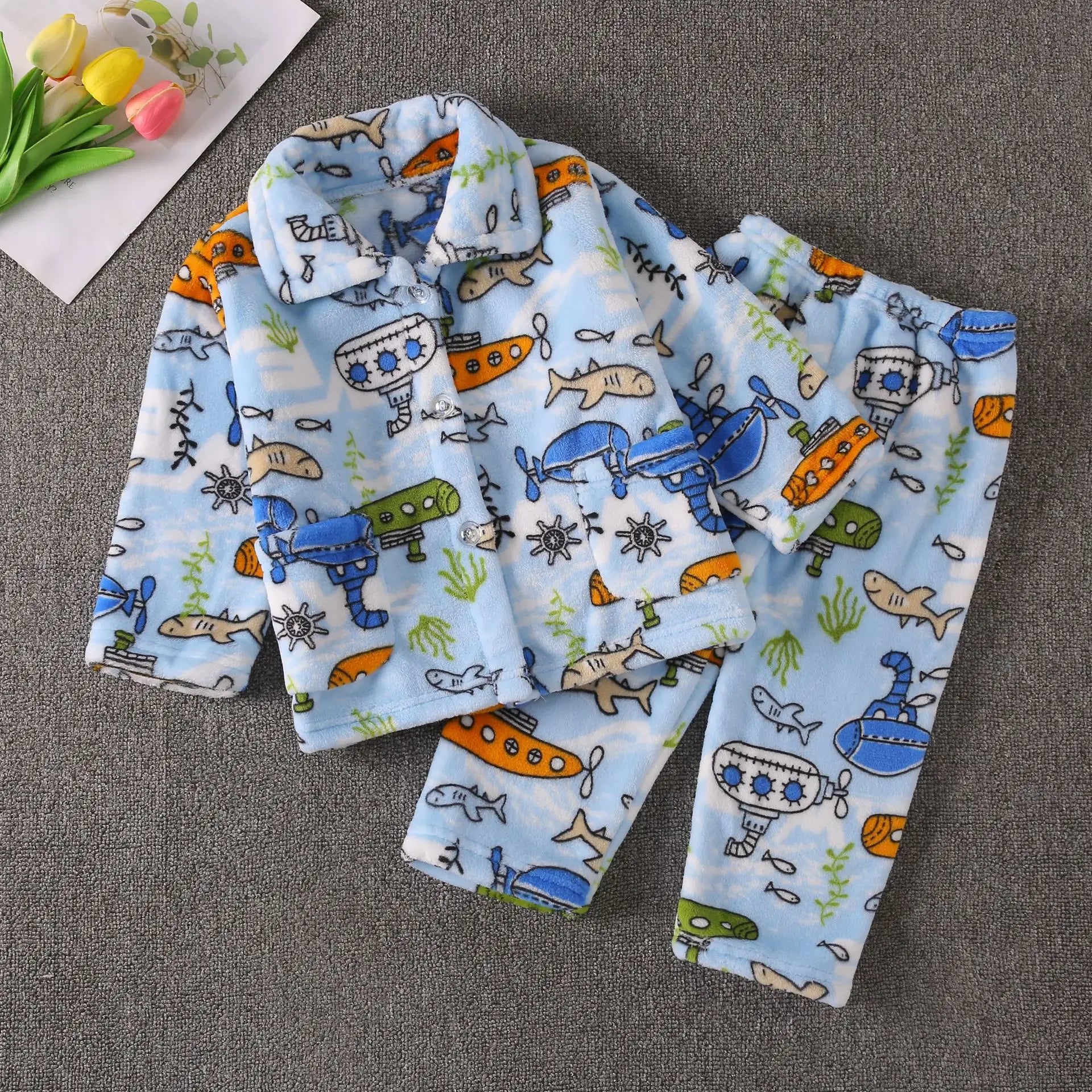 Conjuntos de pijamas cálidos de Franela suave para niños, abrigo con solapa de dibujos animados bonitos y pantalones, ropa de dormir informal para niños, Otoño e Invierno