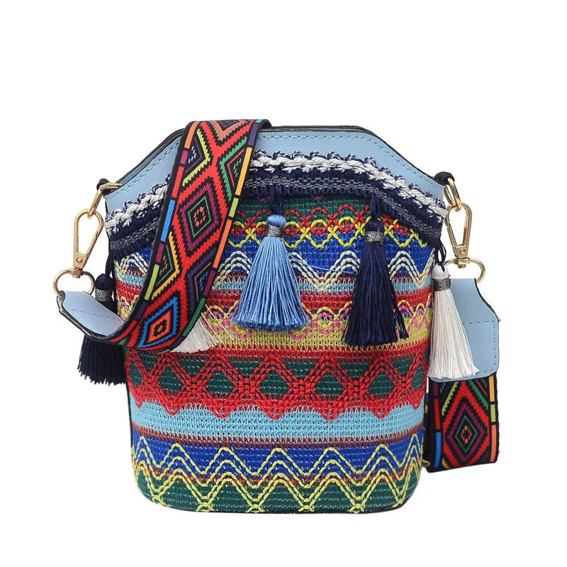 Bolso bohemio Vintage para mujer, bandolera tejida a mano con borlas, estilo étnico, bandolera Hippie