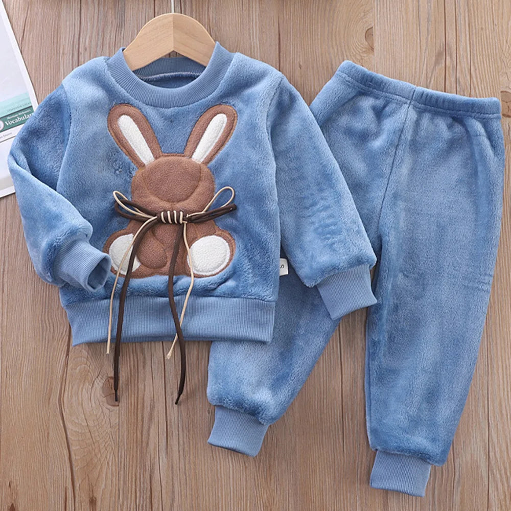 Ropa de invierno para niños, conjunto de pijamas de conejo de dibujos animados de otoño para niñas y niños, conjuntos de 2 uds de forro polar de franela gruesa, ropa de dormir cálida para niños