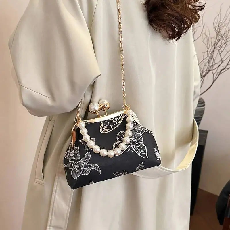 Bolso de mano bordado de estilo bohemio para mujer, bolsos de hombro con patrón floral, elegante bolso con correa de cadena y asa de metal, cartera de regalo