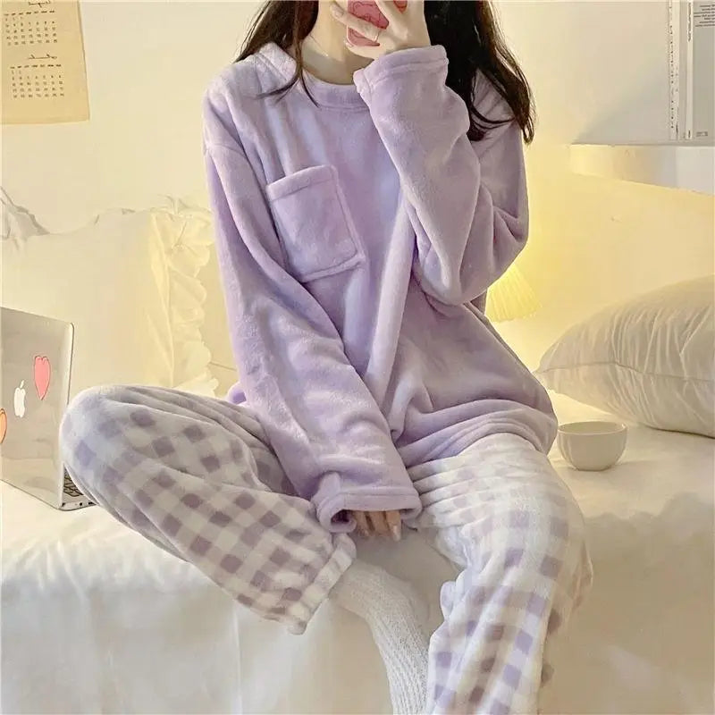 Conjunto de Pijamas gruesos y cálidos de lana para mujer, ropa de dormir de invierno, Top liso informal y pantalones a cuadros, conjunto de Pijamas suaves para mujer, traje para casa