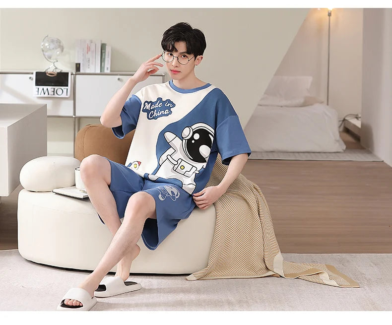 Pijamas para hombre y adolescente, pantalones cortos de algodón de manga corta con dibujos de astronauta, conjunto de ropa de descanso para estudiantes de secundaria, pijama para hombre, envío directo