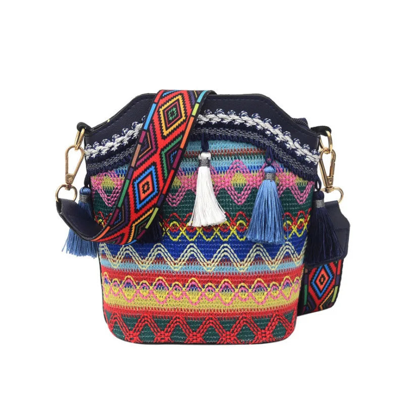 Bolso bohemio Vintage para mujer, bandolera tejida a mano con borlas, estilo étnico, bandolera Hippie