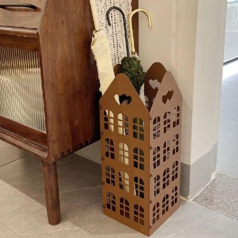 Cubo de Metal para paraguas, soporte moderno para paraguas, cesta para paraguas hueca de entrada elegante, cajas de almacenamiento para paraguas de negocios para interiores