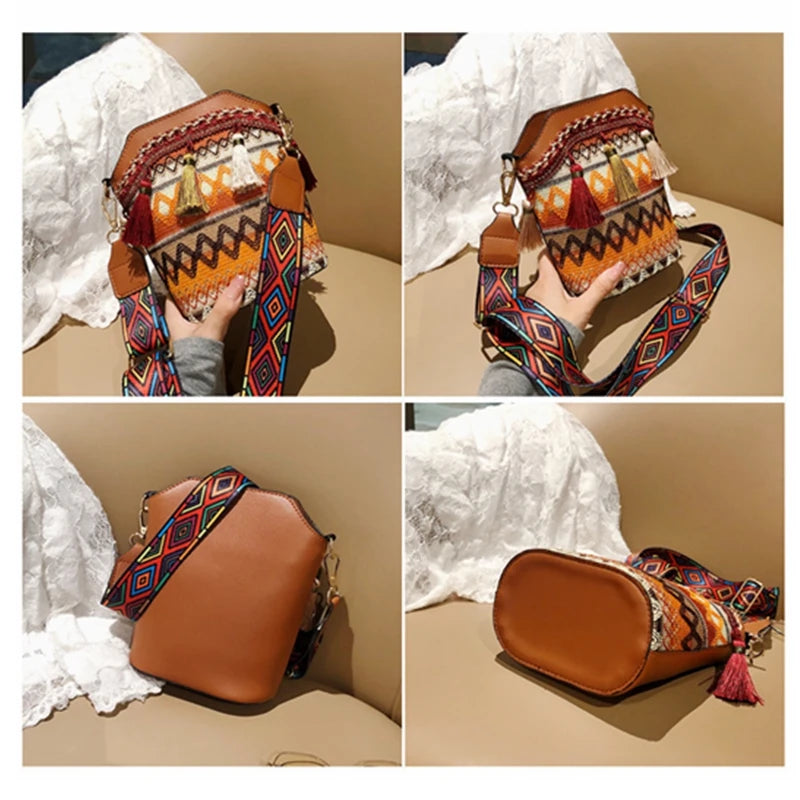 Bolso bohemio Vintage para mujer, bandolera tejida a mano con borlas, estilo étnico, bandolera Hippie