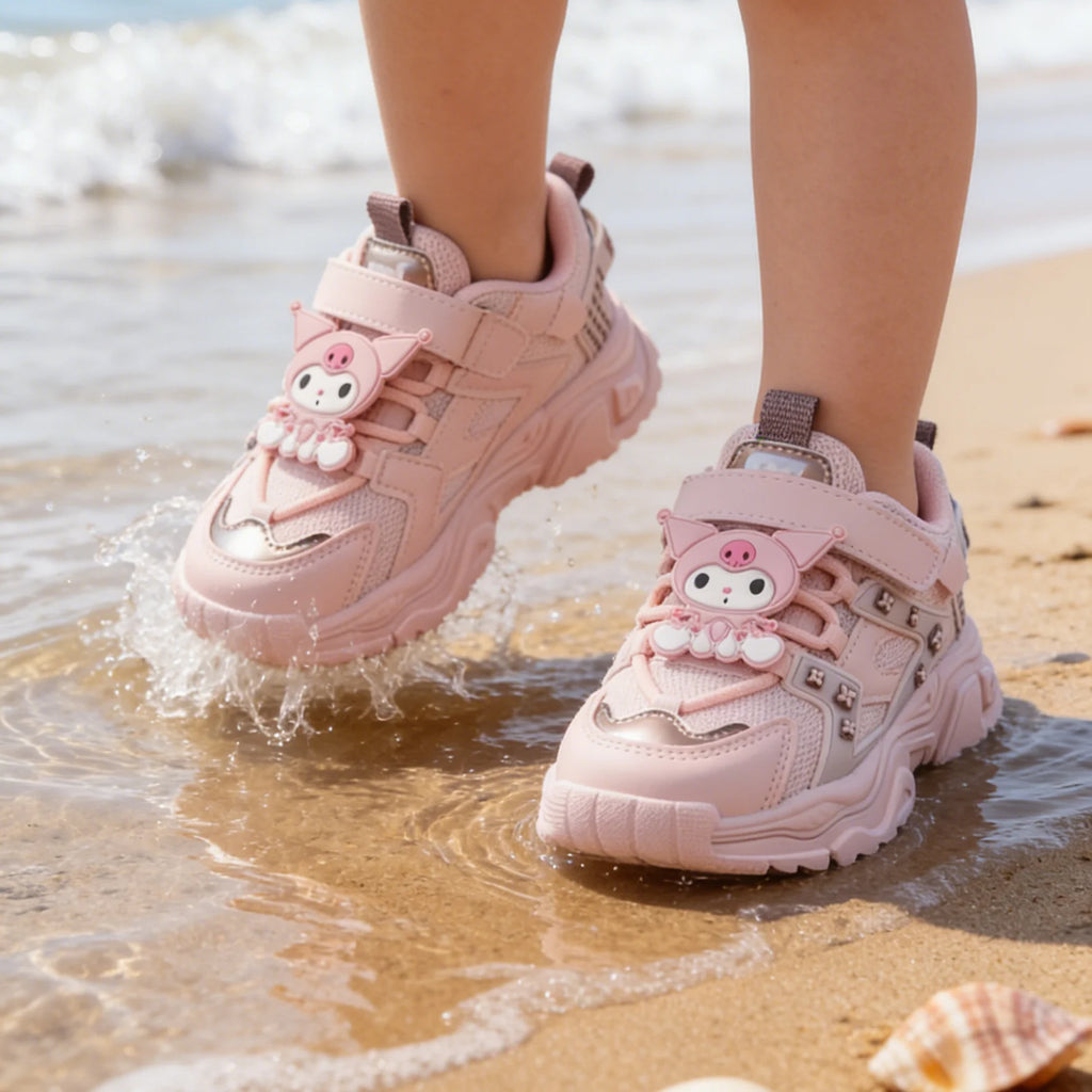 Zapatos informales para niños, zapatillas de deporte con dibujos animados Kuromi, zapatos de primavera de cuero PU para niñas, zapatos antideslizantes con Velcro rosa Pruple, talla 26-37