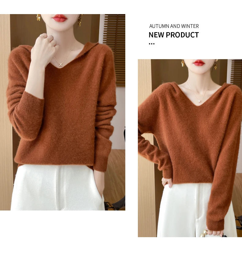 Ropa de Otoño Invierno para mujer, jersey con cuello con capucha, suéter de lana merina de 100%, Tops de Cachemira a la moda, prendas de punto suaves