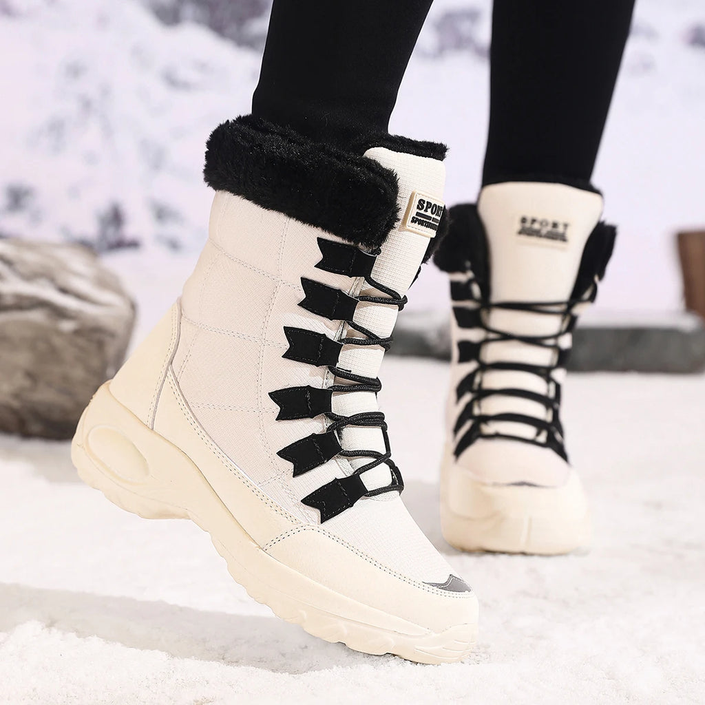 Zapatos de invierno impermeables para mujer, cómodas botas de senderismo al tobillo para exteriores, botas altas con plataforma de piel, botas de nieve cálidas