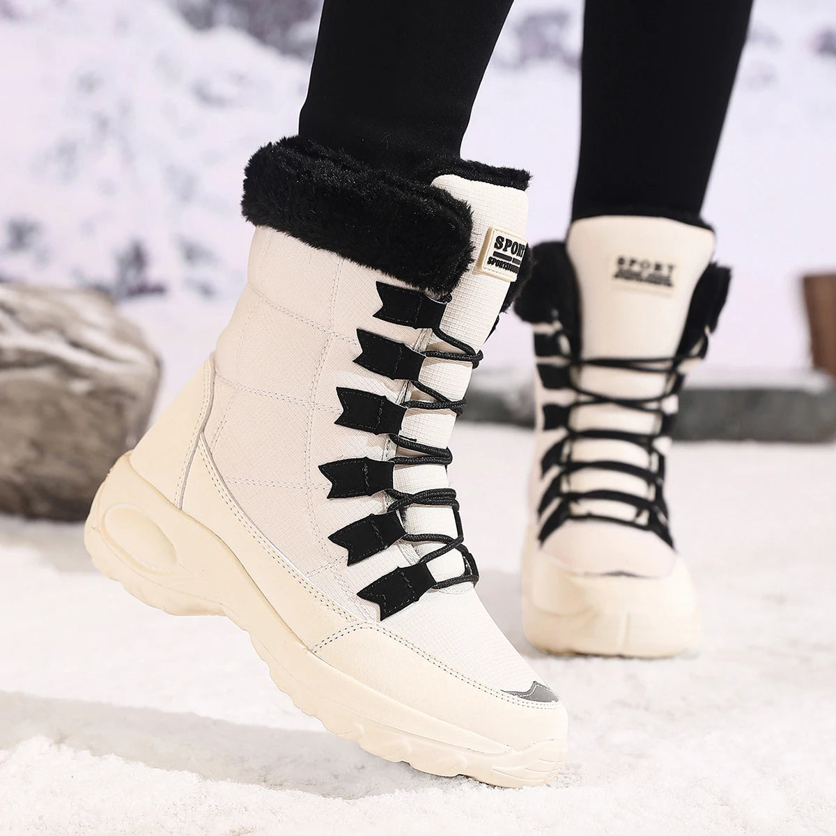 Zapatos de invierno impermeables para mujer, cómodas botas de senderismo al tobillo para exteriores, botas altas con plataforma de piel, botas de nieve cálidas