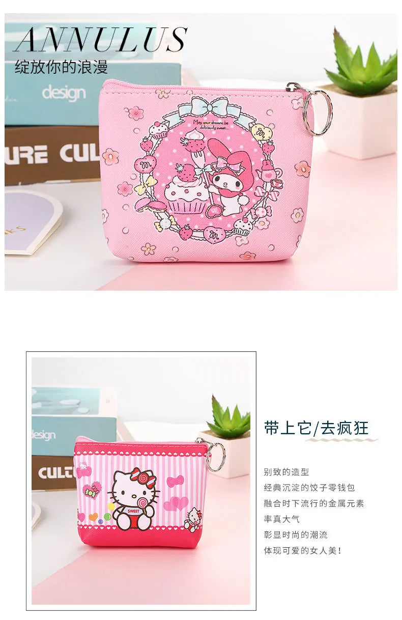 Monedero de Hello Kitty, monederos con dibujos de animales, melodía de PU, bonito bolso tipo billetera, llaveros, bolsa de almacenamiento, Mini bolsa Sanrio Kuromi Kawaii