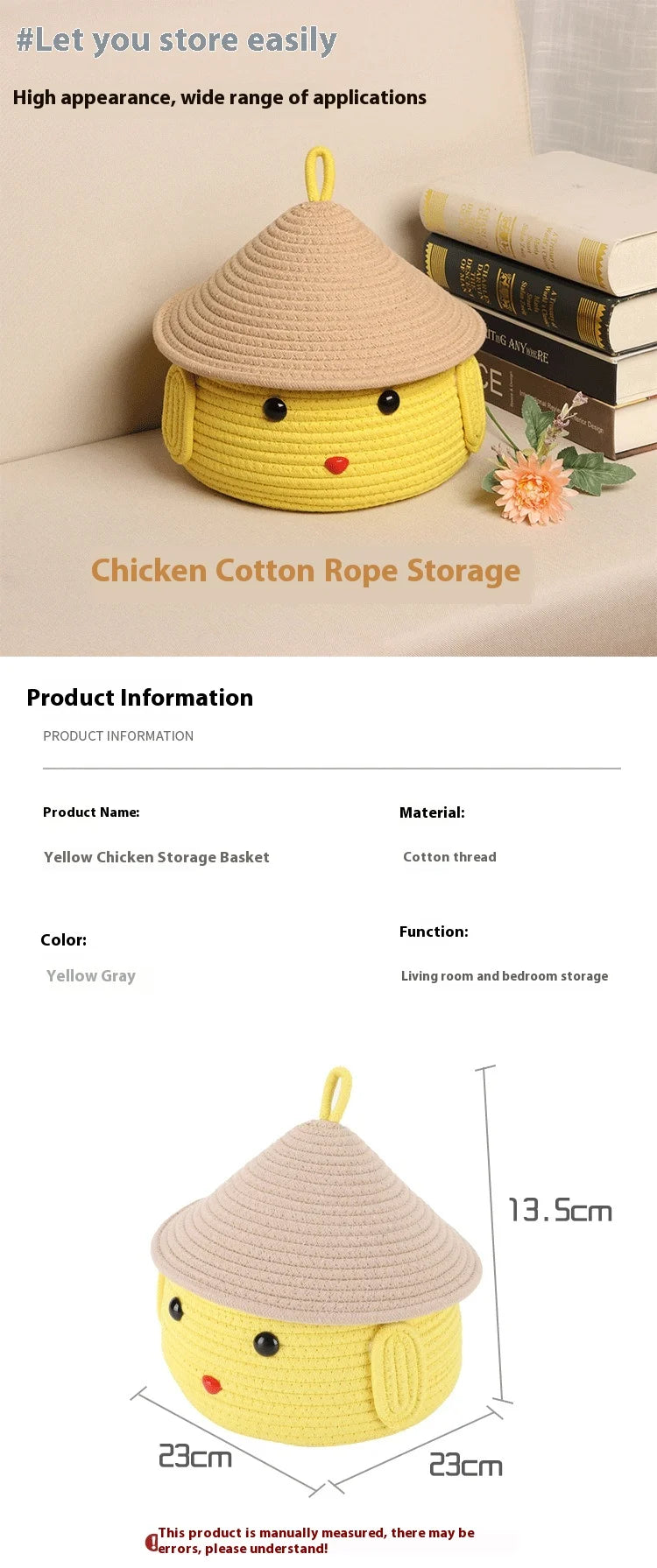 Cesta de almacenamiento tejida a mano, cuerda de algodón con tapa, cesta bonita de dibujos animados, organizador de juguetes para aperitivos, caja de almacenamiento de maquillaje de escritorio, decoración del hogar