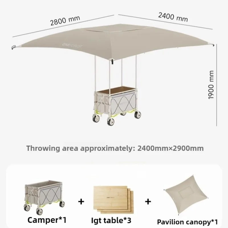 Carro de Camping plegable con sombrilla, carrito de mano de almacenamiento multifuncional portátil de viaje, herramientas útiles y prácticas para acampar al aire libre