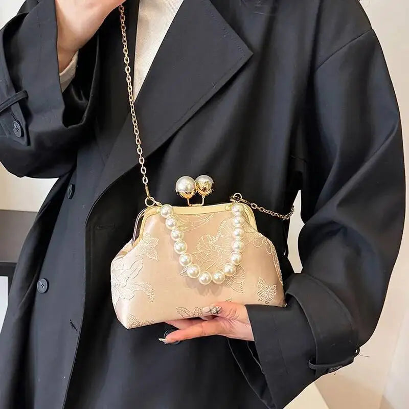 Bolso de mano bordado de estilo bohemio para mujer, bolsos de hombro con patrón floral, elegante bolso con correa de cadena y asa de metal, cartera de regalo