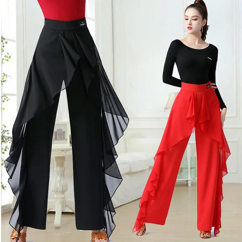 Pantalones de baile latino para mujer, pantalones anchos con volantes de cintura alta para baile moderno, pantalones de salón Tango Samba, traje de práctica de actuación