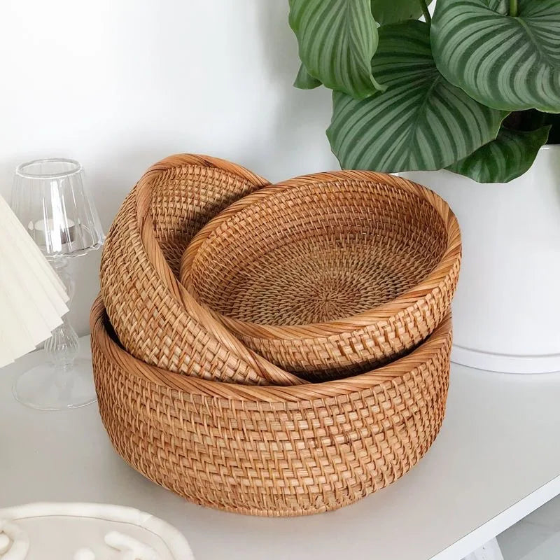 Cesta redonda de ratán para fruta, bandeja tejida de mimbre para aperitivos, organizador de alimentos para pan, almacenamiento de cocina, decoración del hogar
