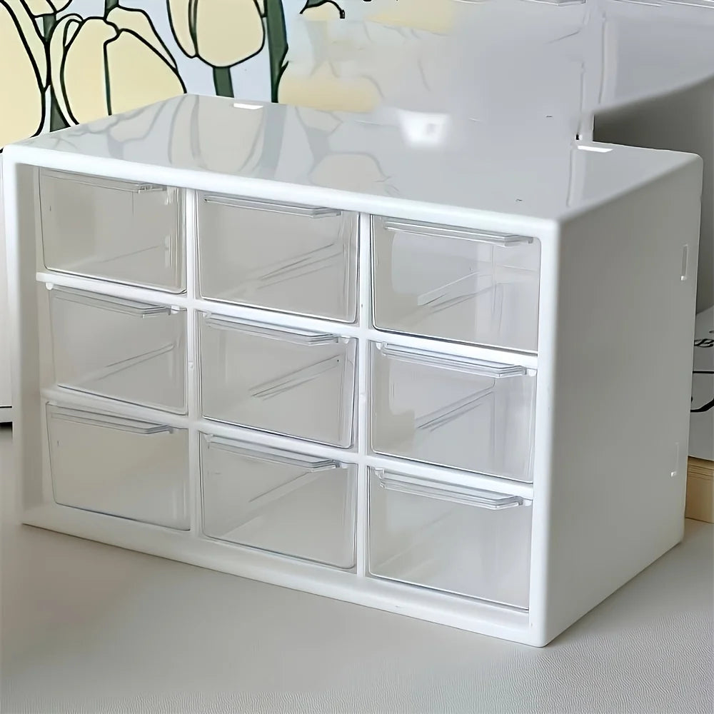 Caja de almacenamiento de material de cuentas. La caja de almacenamiento estilo cajón de nueve rejillas es apilable. Organizador de maquillaje para tocador y oficina