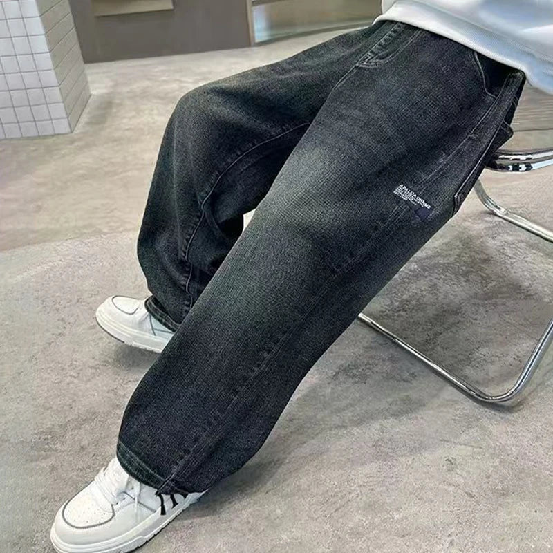 Pantalones vaqueros para niños adolescentes, pantalones vaqueros con letras a la moda para primavera y otoño, pantalones rectos sueltos informales para niños de 4 a 14 años