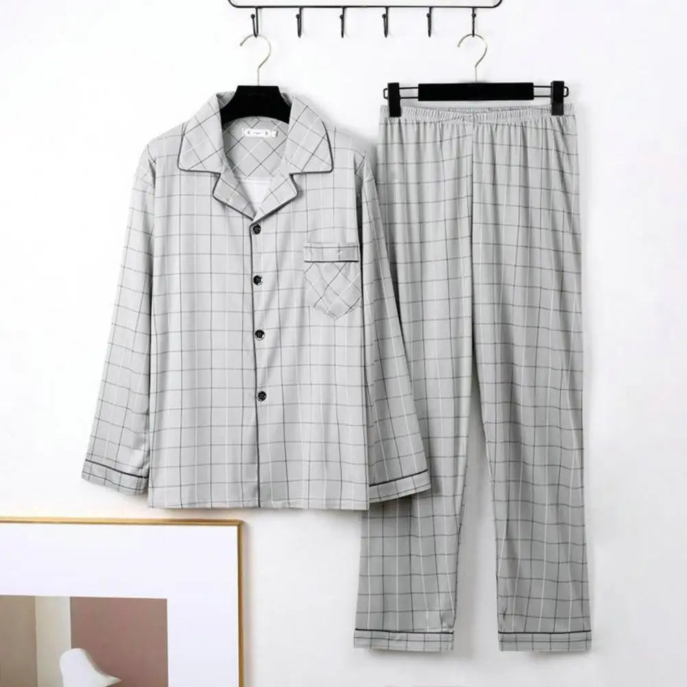 Pijamas acogedores de poliéster para hombre, conjunto de pijamas de otoño e invierno con estampado a cuadros a rayas, solapa a juego, manga larga de un solo pecho
