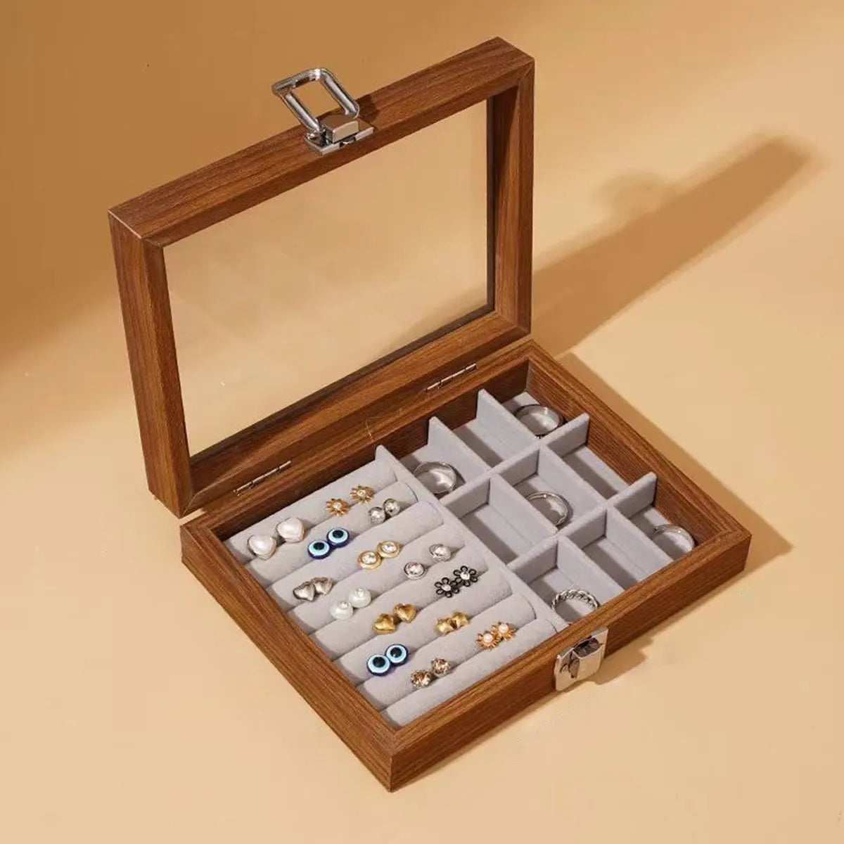 1 unidad, caja de almacenamiento de joyería Vintage, joyero cubierto, caja de anillos, pendientes, pulseras, collares, caja de presentación de madera maciza