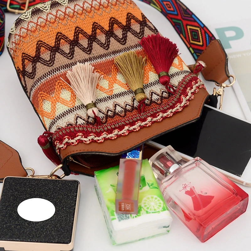 Bolso bohemio Vintage para mujer, bandolera tejida a mano con borlas, estilo étnico, bandolera Hippie