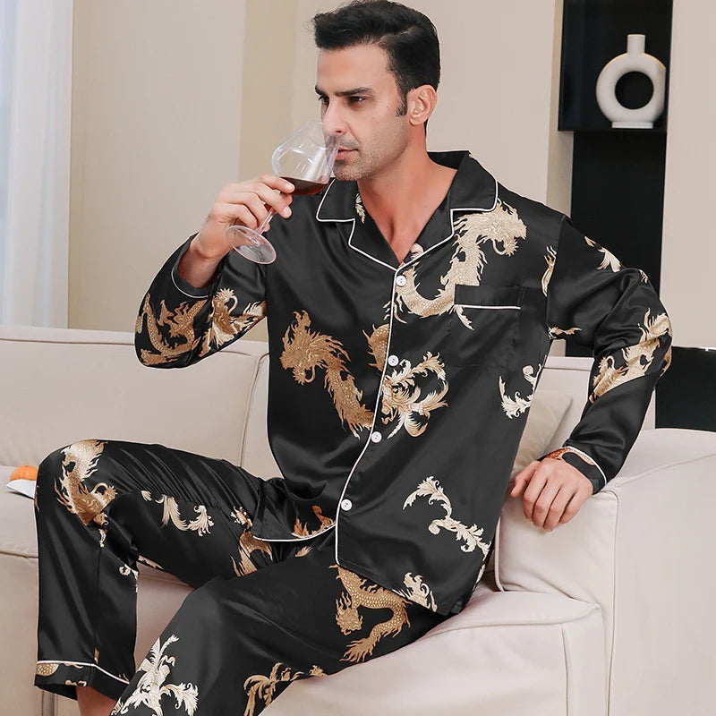 Pijamas de seda de hielo para hombre ropa de dormir de manga larga dragón chino año del zodiaco rojo talla grande primavera y otoño 2024