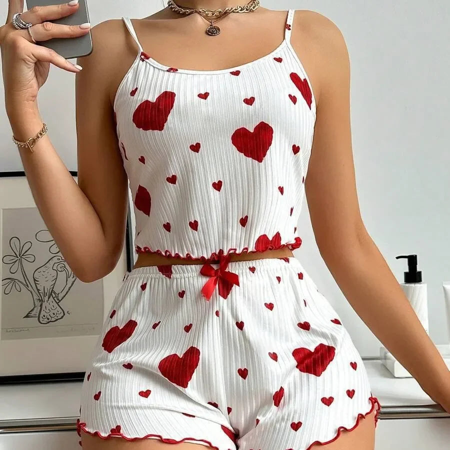 Conjunto de pijama para mujer, 2 piezas, camiseta corta sin mangas y pantalones cortos, tallas S, M, L, blanco, transpirable, suave, informal, estampado de amor.