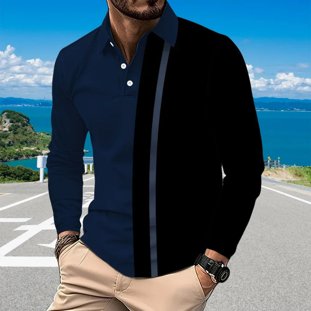 Ropa de golf para hombre con estampado de rayas negras a la moda, polo con botones y cuello blanco, ropa para hombre, solapa de oficina de manga larga para hombre
