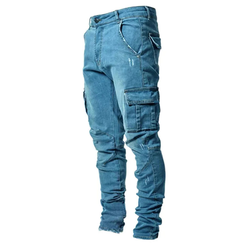 Pantalones vaqueros negros para Hombre, Pantalones Cargo con múltiples bolsillos, Pantalones vaqueros azules ajustados, Pantalones informales de moda para Hombre, Pantalones de calle 3XL