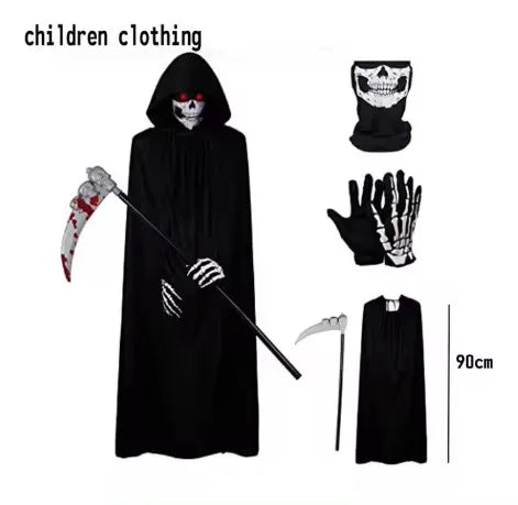 Disfraz de Grim Reaper para Halloween, terrorífico disfraz de esqueleto para niños y adultos, Túnica de fantasma y hoz, 2025