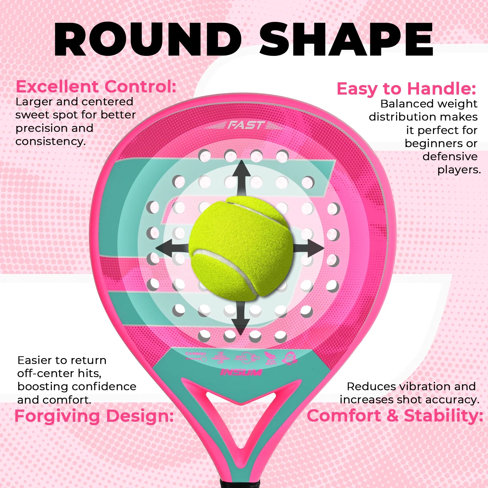 Raqueta de Pádel de Fibra de Carbono, Forma Redonda, Núcleo de EVA, Alto Control, Raqueta de Tenis de Pádel para Jugadores Principiantes