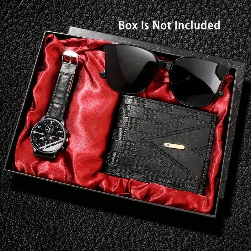 Relógio de movimento de cuarzo versátil masculino, gafas de sol bonito, carteira casual, presente perfecto para festa 3 peças