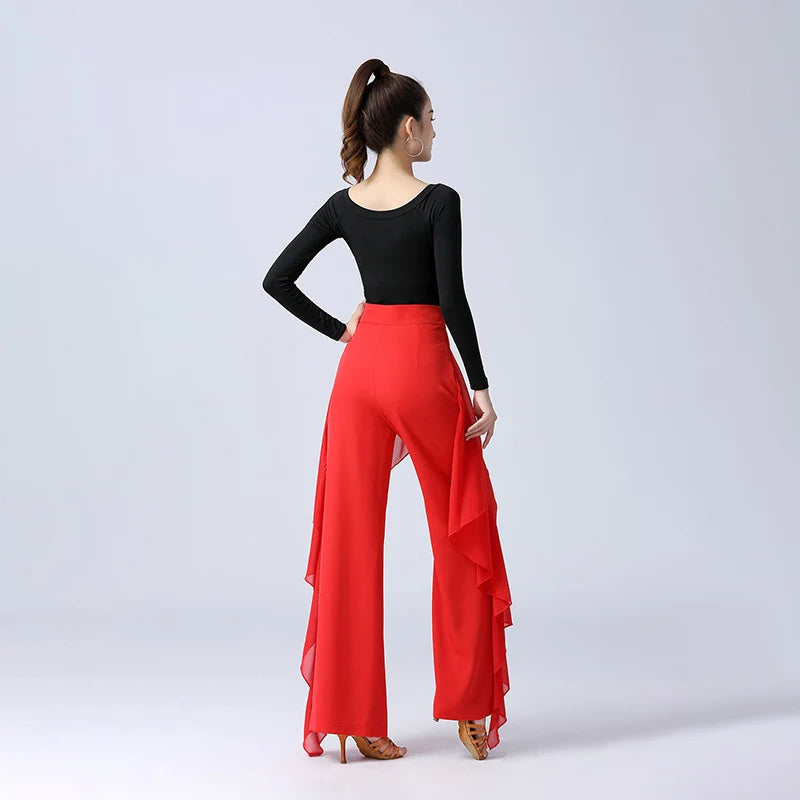 Pantalones de baile latino para mujer, pantalones anchos con volantes de cintura alta para baile moderno, pantalones de salón Tango Samba, traje de práctica de actuación