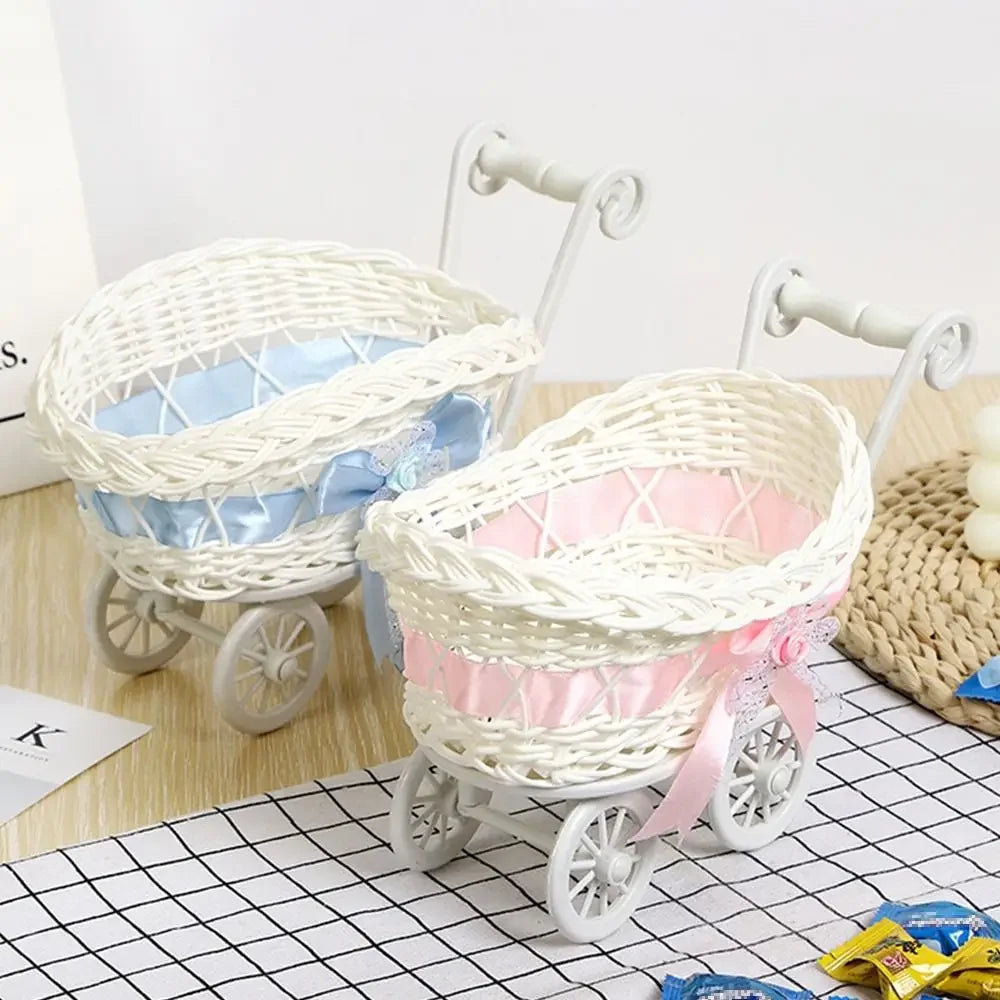 Carrito pequeño creativo tejido a mano, cesta de almacenamiento de frutas y flores de regalo de 2 estilos, almacenamiento tejido de ratán de imitación para plantas, hogar y boda