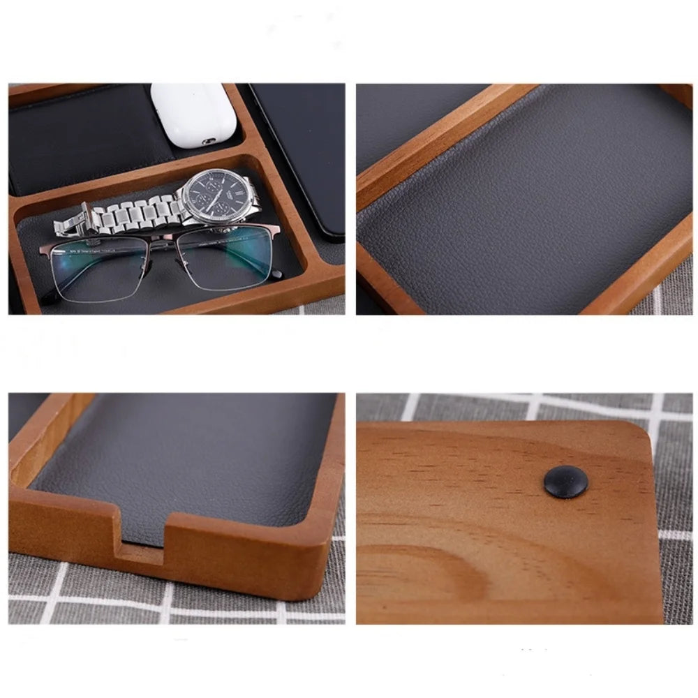 Caja de almacenamiento de escritorio de madera para oficina con rejilla de madera maciza para gafas, auriculares, teléfonos móviles y artículos diversos, bandeja de almacenamiento de madera