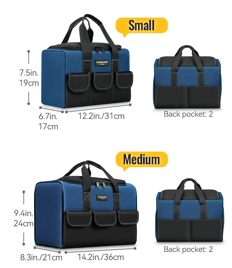 Bolsa de herramientas de boca ancha resistente con bolsillos, organizador para almacenamiento y transporte de herramientas para hombres