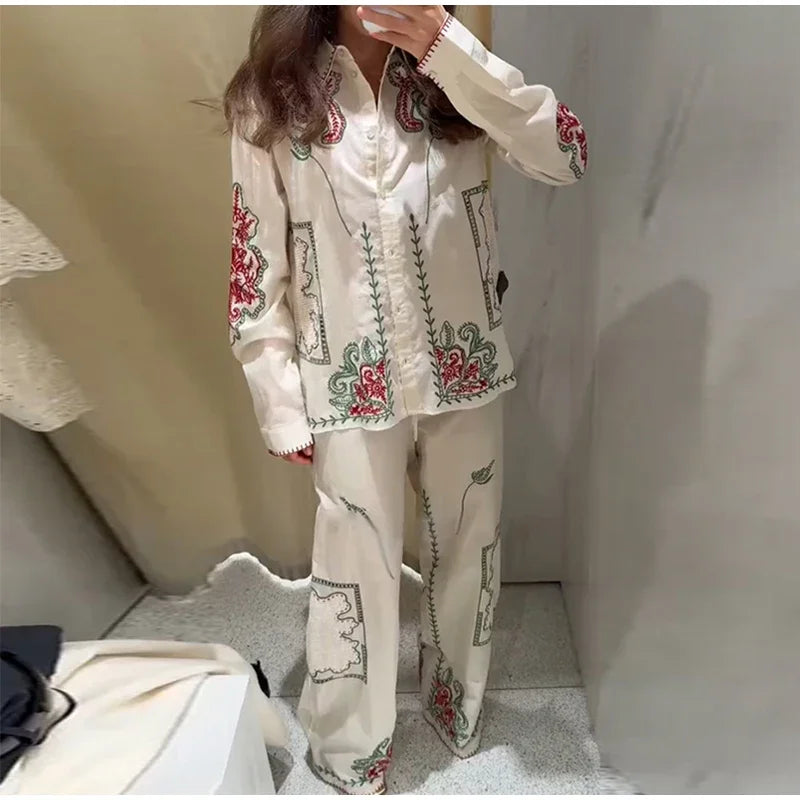 Conjunto de camisa de solapa bordada Retro, pantalón largo, camisas informales elegantes con una botonadura, conjuntos de pantalones rectos, trajes elegantes de verano