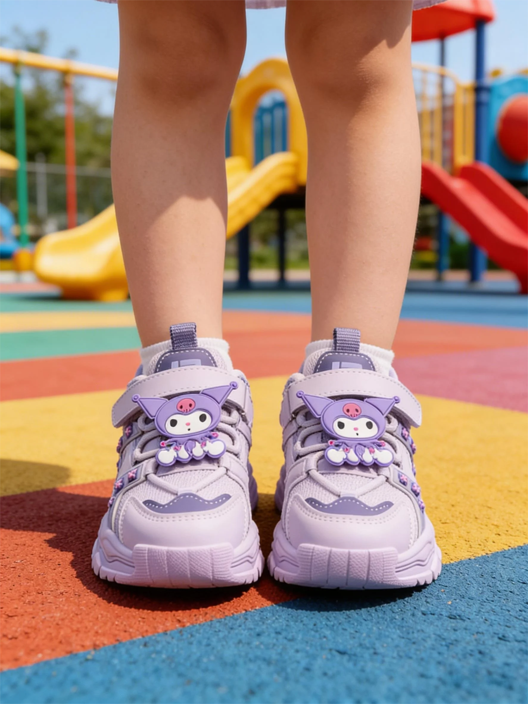 Zapatos informales para niños, zapatillas de deporte con dibujos animados Kuromi, zapatos de primavera de cuero PU para niñas, zapatos antideslizantes con Velcro rosa Pruple, talla 26-37
