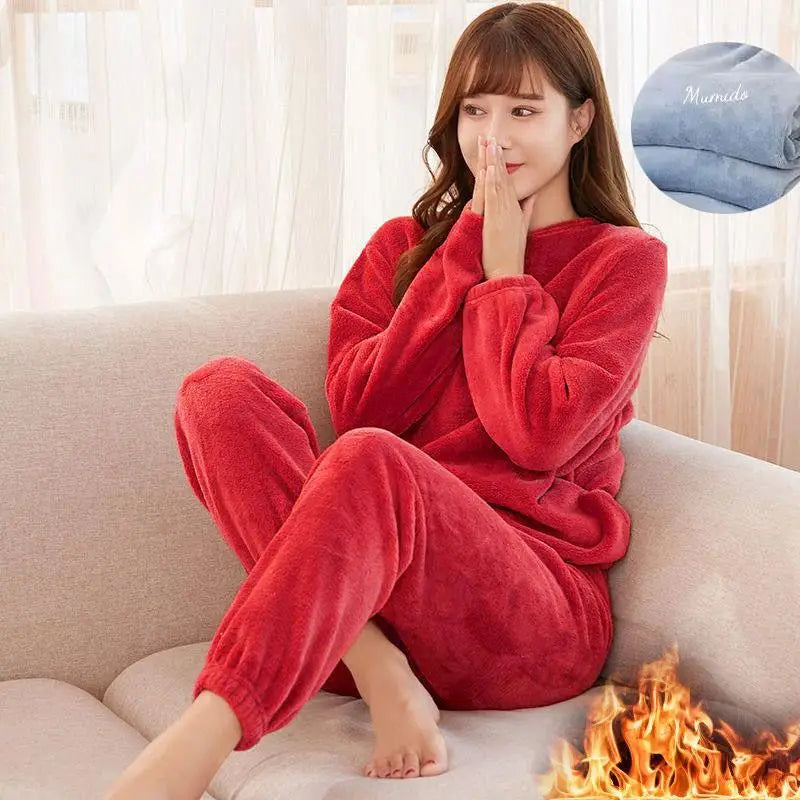 Pijamas de invierno de franela cálida para mujer, ropa de ocio gruesa, conjunto de pijamas lisos de manga larga de terciopelo Coral sencillo, 2025-26
