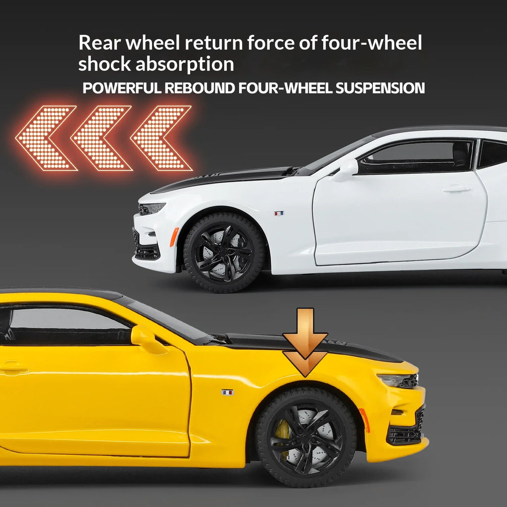 Modelo de coche de aleación Camaro - Puertas abiertas - Absorción de impactos de neumáticos de goma - Cuerpo de metal fundido a presión - Decoraciones para automóviles