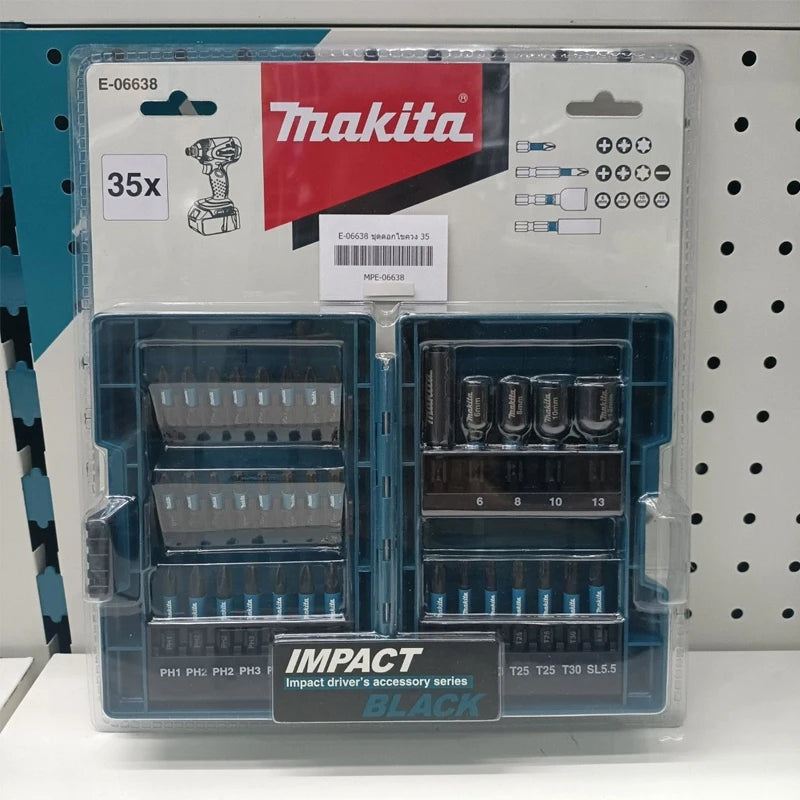 MAkita E-06638 Punta y casquillo para destornillador de impacto, 35 Uds., eje hexagonal, juego de fundas para cabeza, accesorios de herramientas