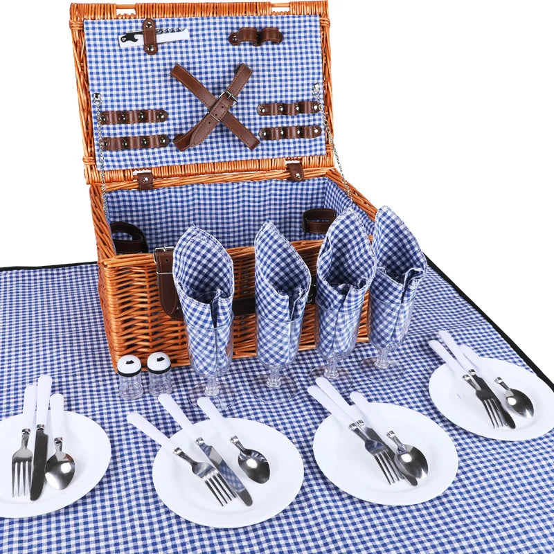 Vajilla portátil de ratán a mano para exteriores, cesta de Picnic, cesta de regalo, cesta de almacenamiento tejida de mimbre con tapa, Picnics de estilos Vintage