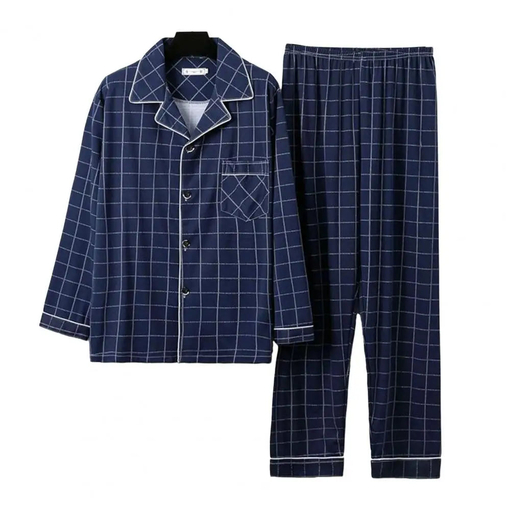 Pijamas acogedores de poliéster para hombre, conjunto de pijamas de otoño e invierno con estampado a cuadros a rayas, solapa a juego, manga larga de un solo pecho