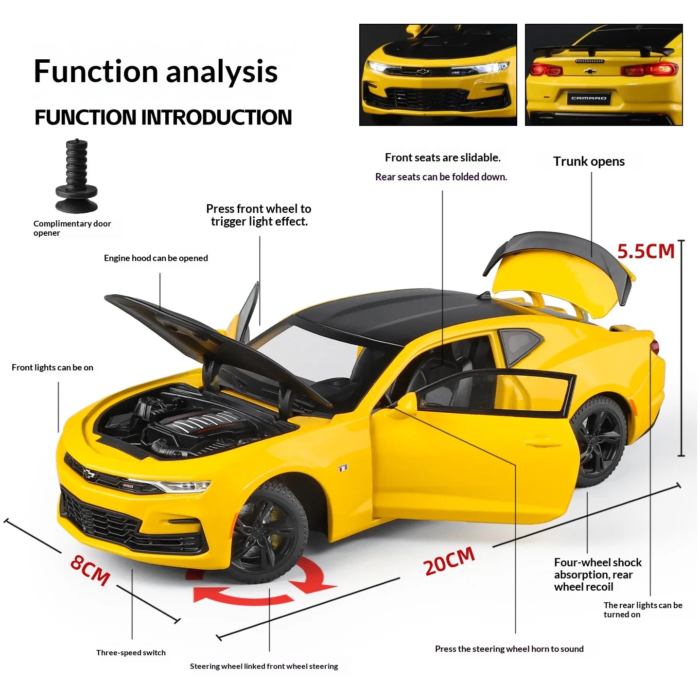 Modelo de coche de aleación Camaro - Puertas abiertas - Absorción de impactos de neumáticos de goma - Cuerpo de metal fundido a presión - Decoraciones para automóviles