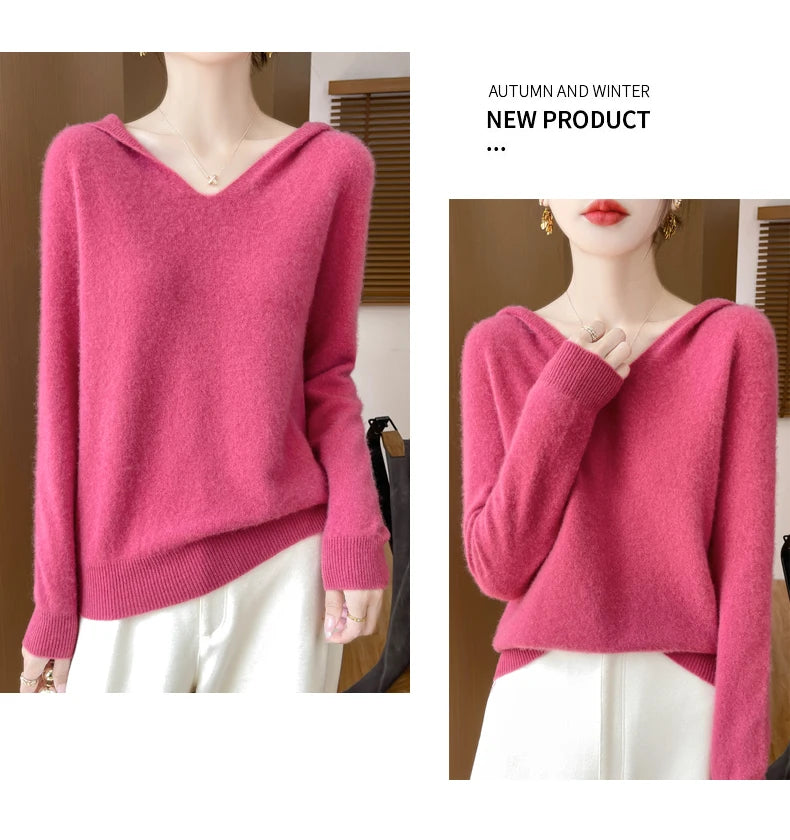 Ropa de Otoño Invierno para mujer, jersey con cuello con capucha, suéter de lana merina de 100%, Tops de Cachemira a la moda, prendas de punto suaves
