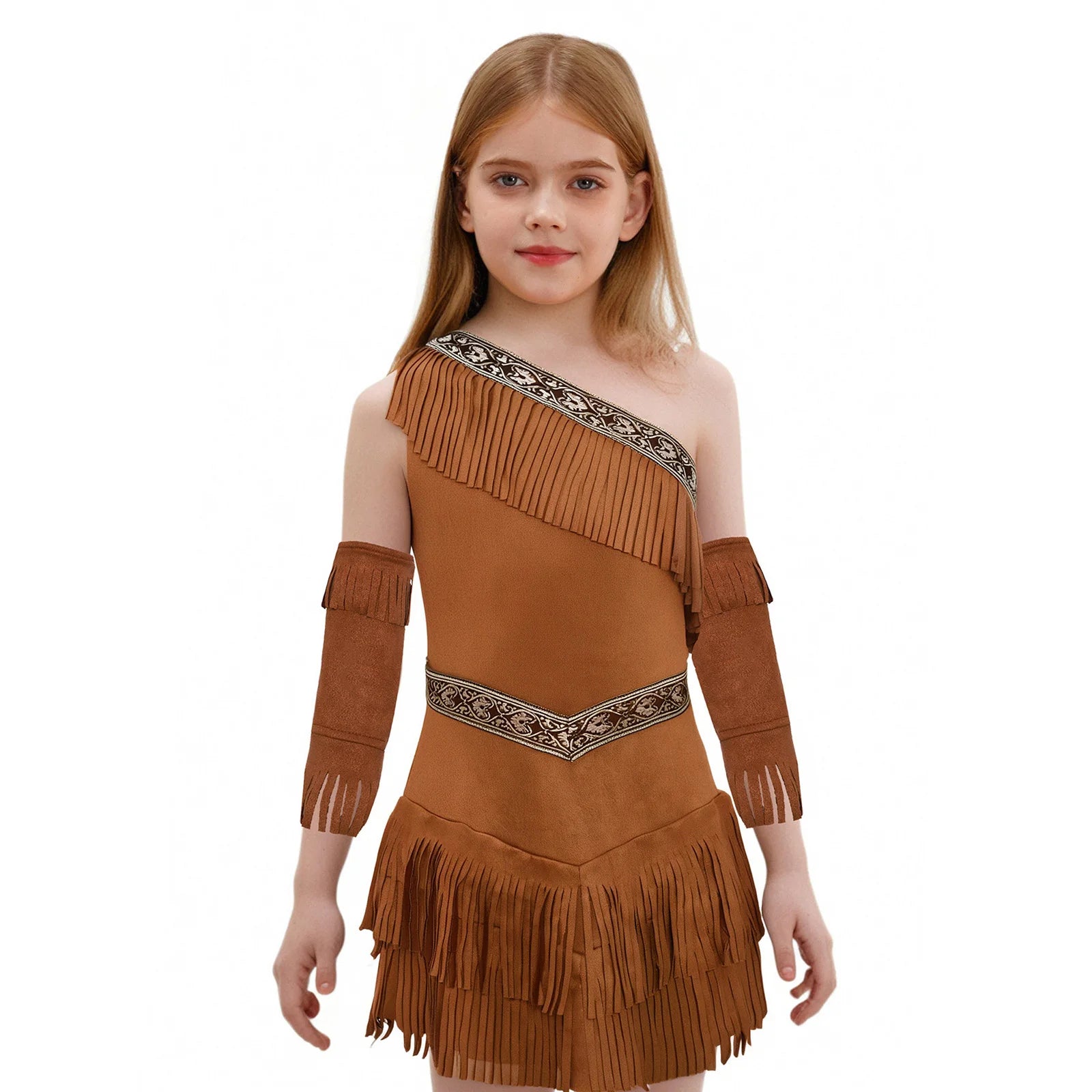 Disfraces indígenos indígenas para niñas, vestidos de Cosplay de Halloween, vestido de princesa de los Indios Savagees de hombre de las cavernas, vestido de gamuza y mangas con borlas