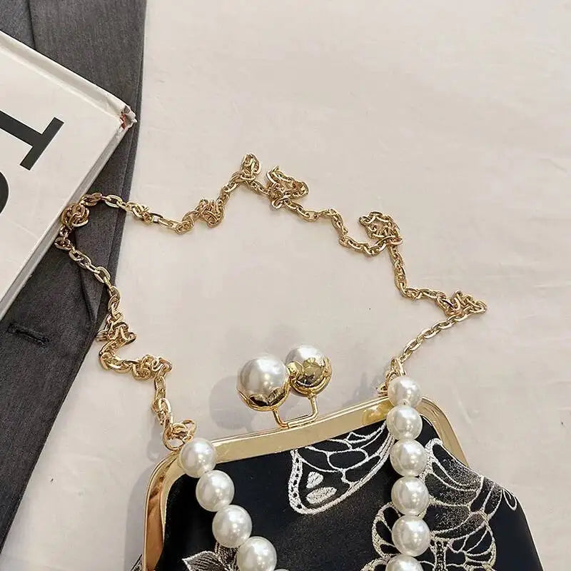 Bolso de mano bordado de estilo bohemio para mujer, bolsos de hombro con patrón floral, elegante bolso con correa de cadena y asa de metal, cartera de regalo