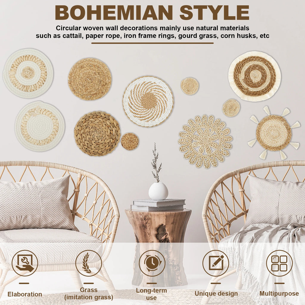 11 Uds. Decoración de cesta de pared tejida, decoración de pared de mimbre decorativa, cestas de pared de mimbre hechas a mano, cesta de pared estética, decoración tejida