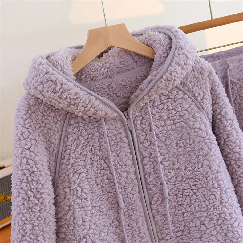 Otoño Invierno nuevas mujeres cálido suave pareja pijamas de lana Coral 2 piezas traje para casa Casual pijamas con capucha ropa de noche